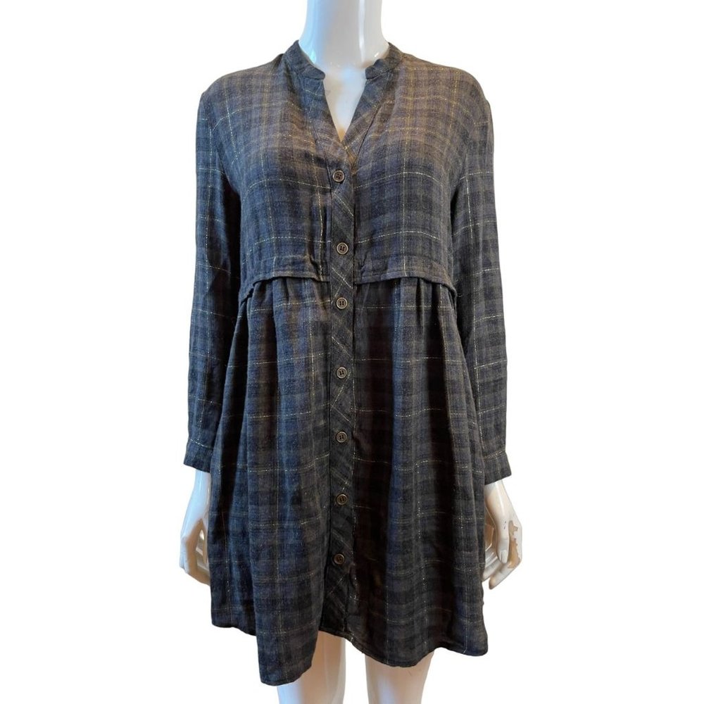 Zara Woman Checked Metallic Thread Dress Flowing Long Sleeve Green Size X Small